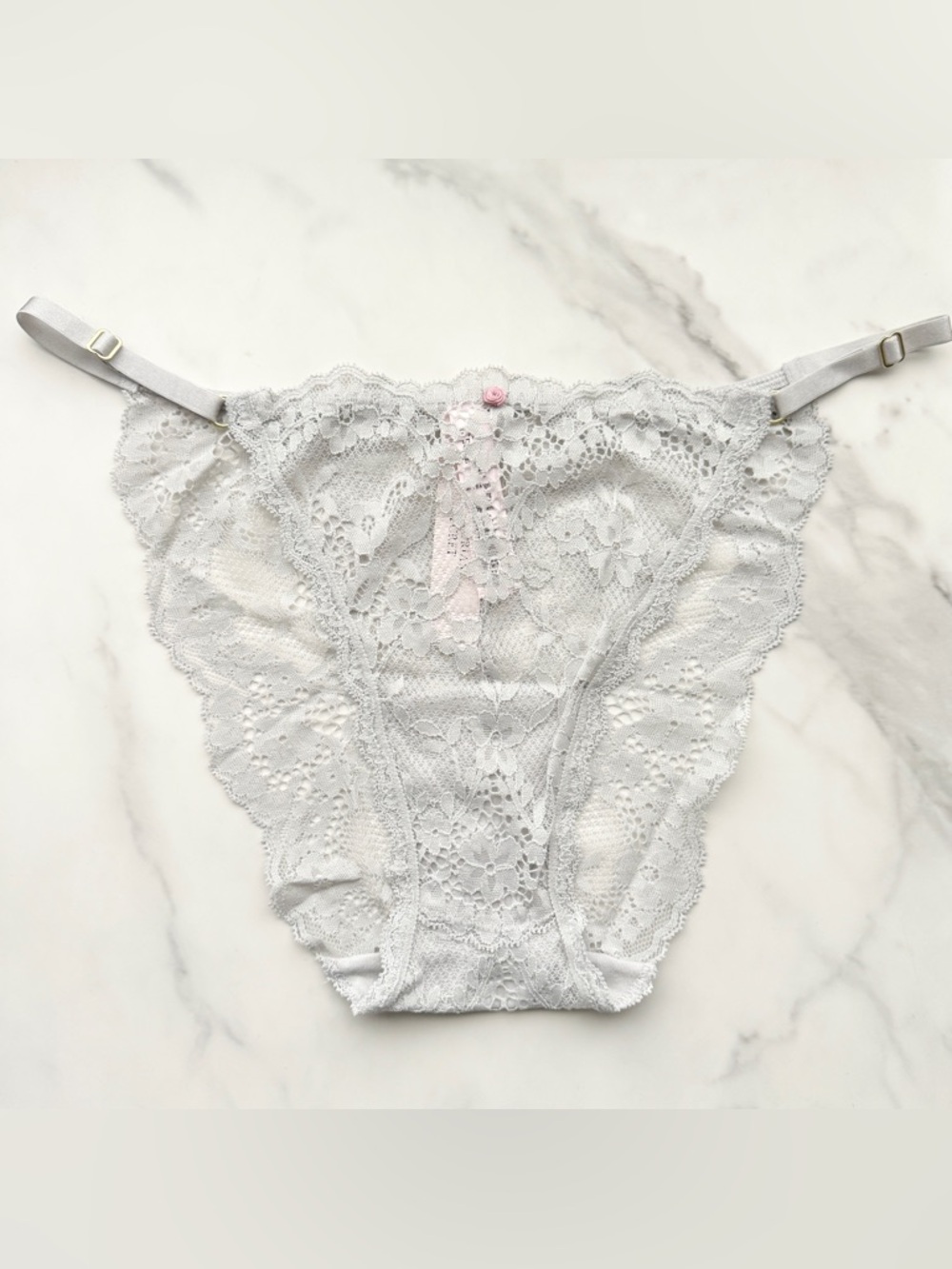 NWT VICTORIA’S SECRET DREAM ANGELS LACE ADJUSTABLE STRING BIKINI PANTY SILVER PE